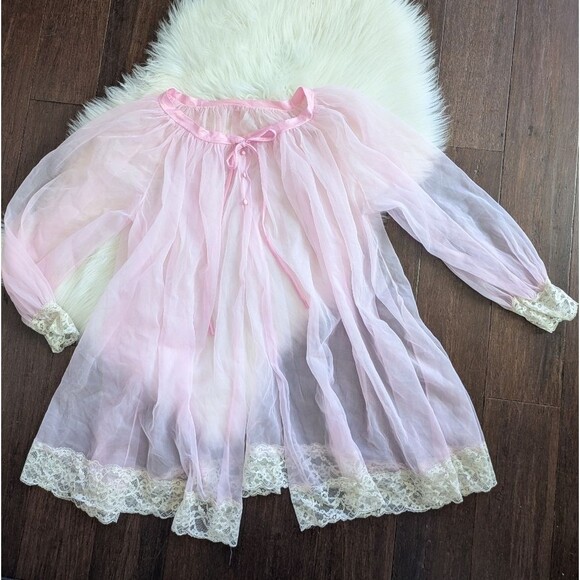 Vintage 50s 1950s 60s Betty Draper Pink Sheer Lace Trim Nightgown Robe S Small